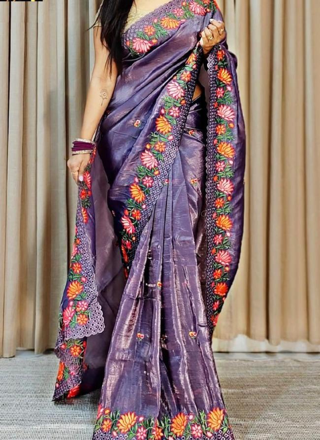 Pure Gold Crush Lavender Traditional Wear Embroidery Work Saree